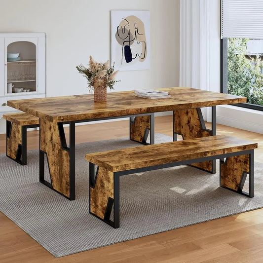 70.8" Wooden Dining Table with 2 Benches, ern Kitchen Table and Chairs Set or 4-6 Person, Thickened MD Wooden Table with Dining