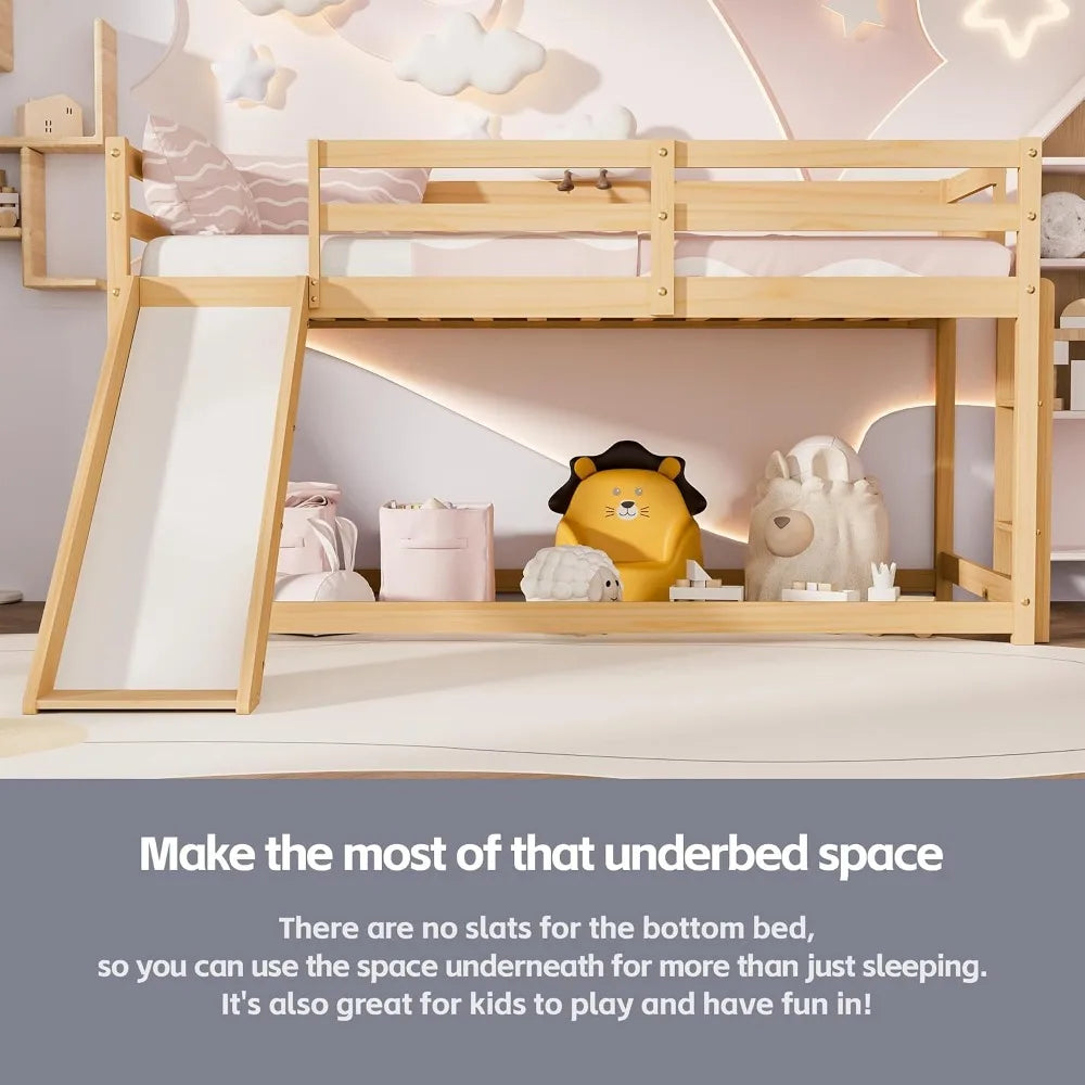 Low Bunk Bed with Slide, Twin Loft Bed with Ladder, Wood Frame for Kids