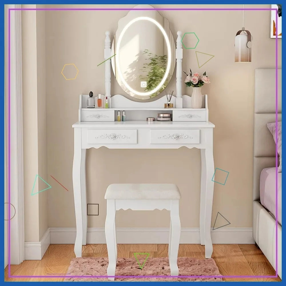 LED Mirror Vanity Desk with 4 Drawers & Stool, Adjustable Lighting Makeup Table for Bedroom, White