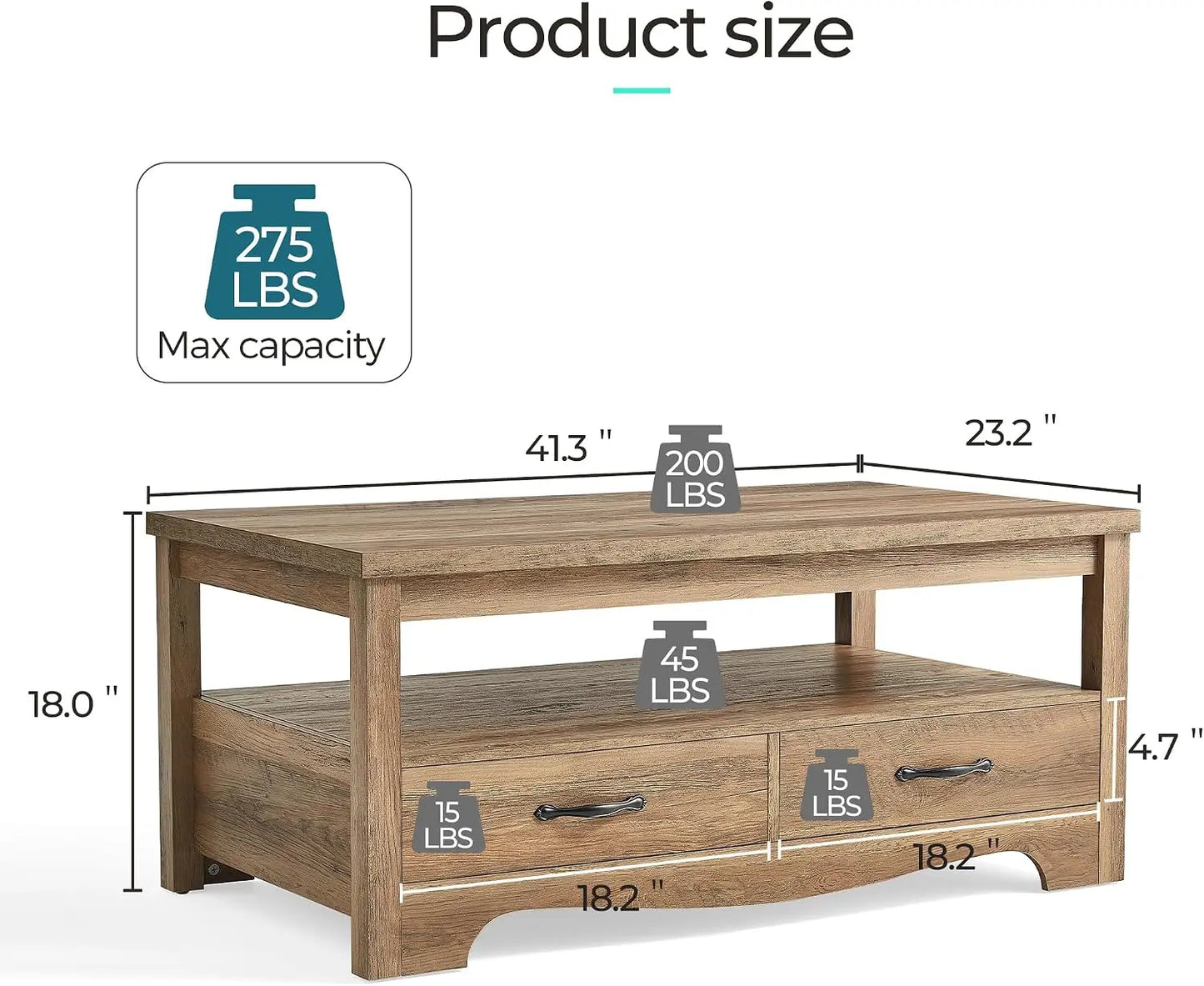 Farmhouse Coffee Table With Storage, Wood Coffee Table For Living Room, Open Display Area And Storage Drawers With Metal