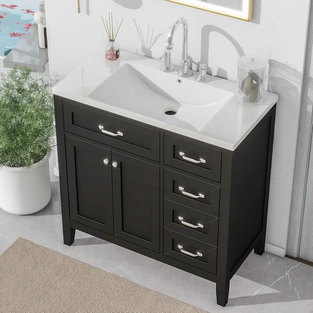 36 Inch Freestanding Bathroom Vanity with Ceramic Sink, Solid Wood Storage Cabinet, 3 Drawers & Soft-Close Doors in Black