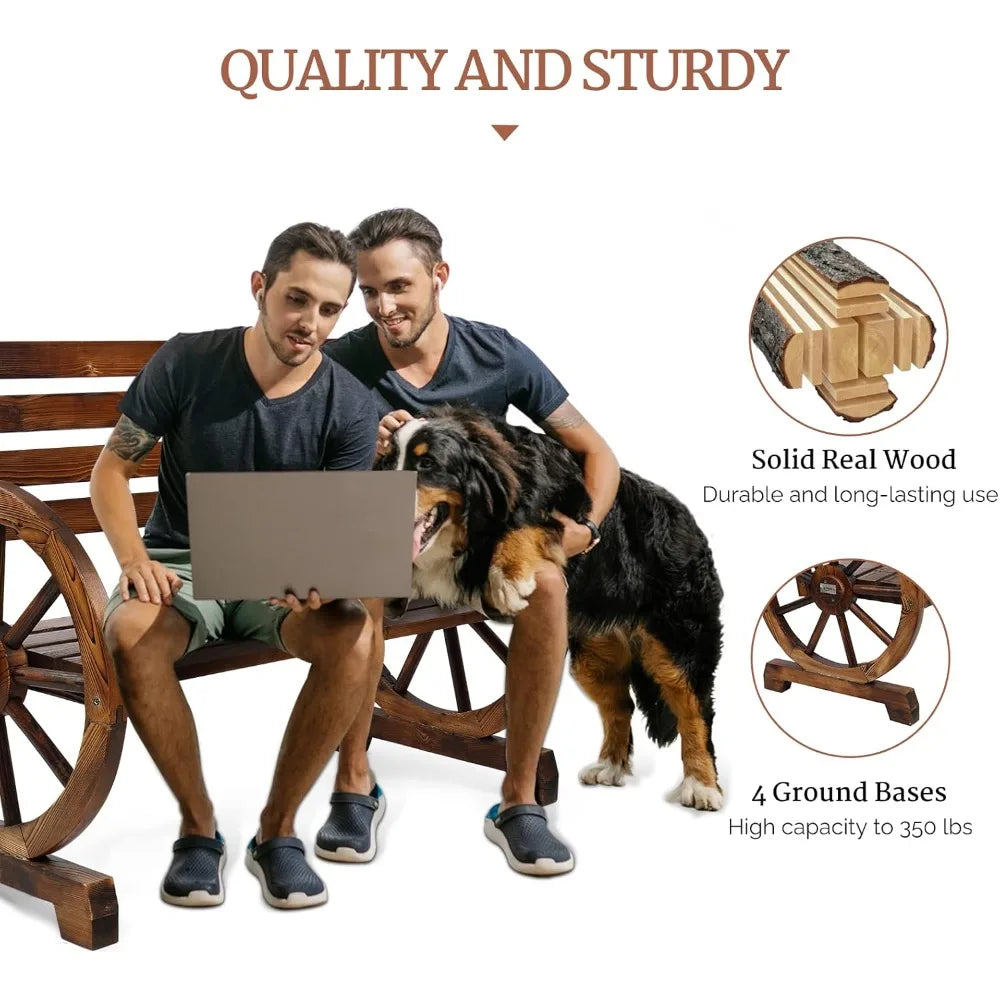 VINGLI 41in Rustic Wooden Wheel Bench,Outdoor Patio Wagon Slatted Seat,350lbs High Capacity Weather Resistant for Garden
