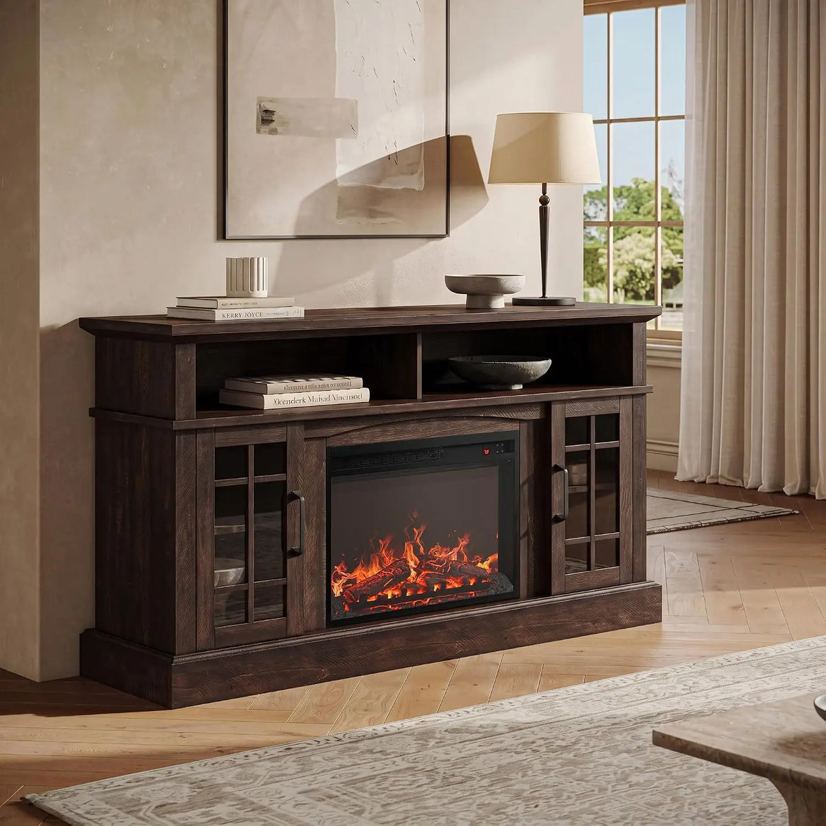 Rustic Entertainment Console With Electric Fireplace Sound And Storage