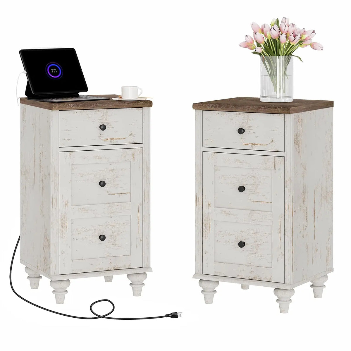 Nightstands With Charging Station, Set Of 2 Modern End Table, Oak | Bedside Table With Power Outlets & USB Ports, Customized