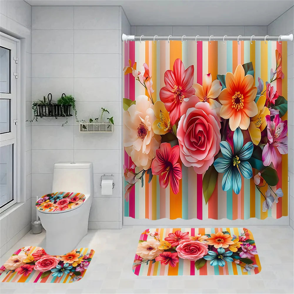 Flower Bird Shower Curtain Set With Carpet And Toilet Seat