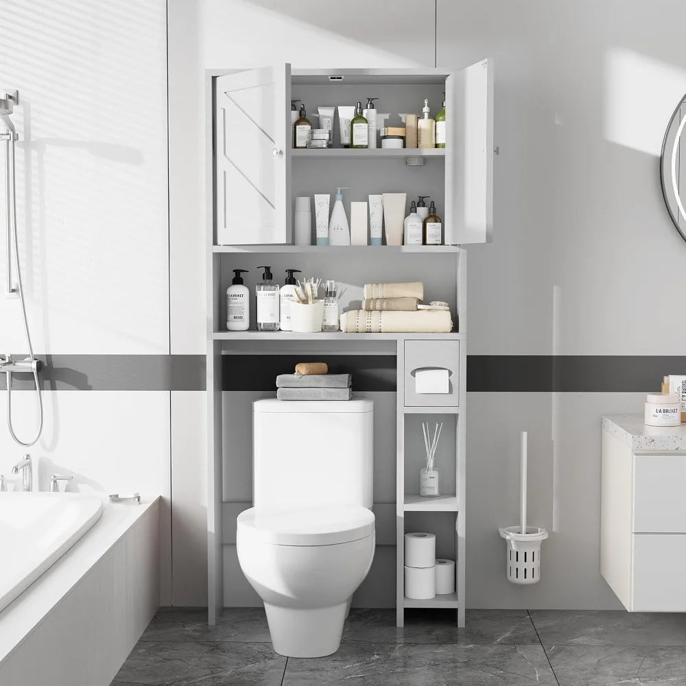 Bathroom Storage Cabinet Over Toilet with Toilet Paper Holder, Freestanding Organizer Space Saver, White