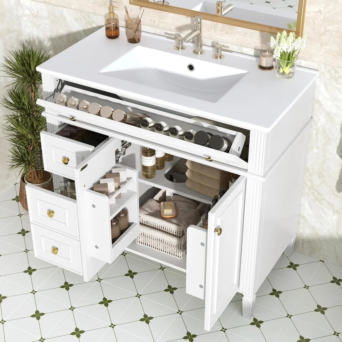 Free Standing Bathroom Vanity With Ceramic Sink And Wood Cabinet