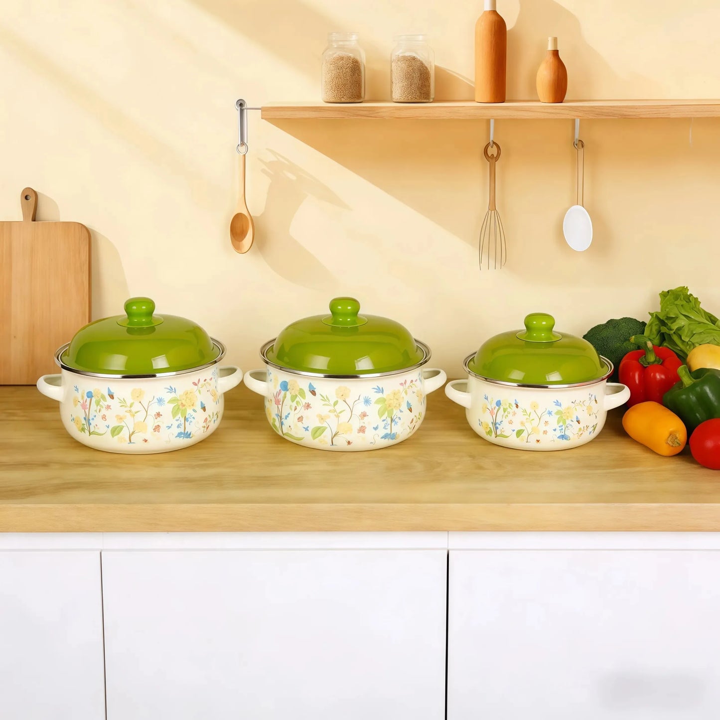 Three Piece Vintage Enamel Stock Pot Set With Lids