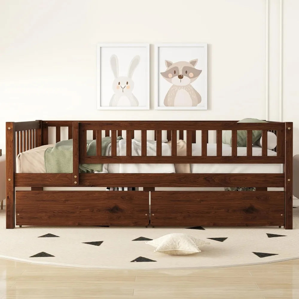 Solid Wood Daybed Frame With Storage Drawers And Rails