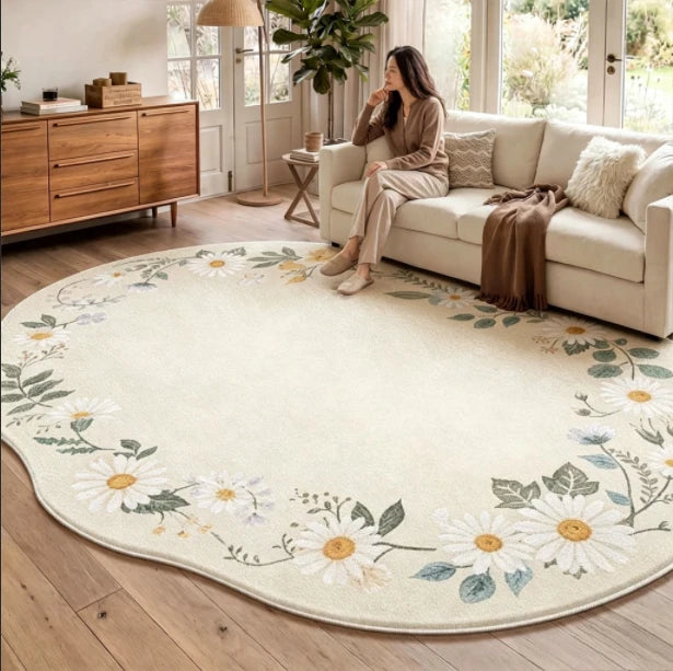Irregular Shaped Plush Rug For Living Room With Flower Pattern