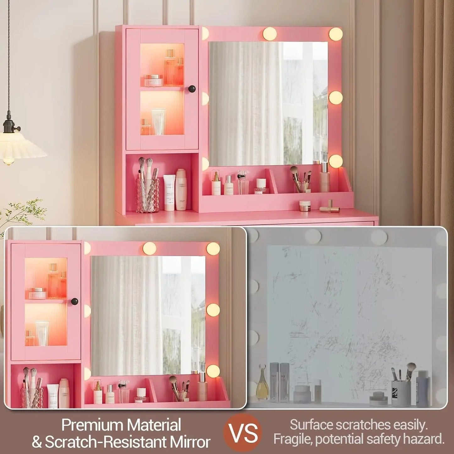 LED Vanity Mirror Desk With USB Charging And Storage Cabinet