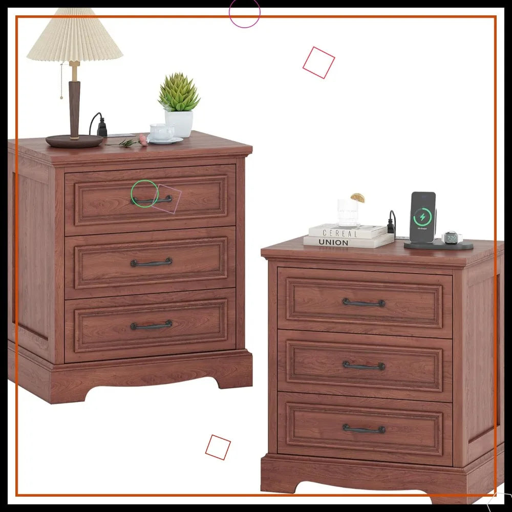 21.7" Farmhouse Nightstand Set of 2 with Charging Station, 3 Drawers, USB-C, End Table for Bedroom Living Room, Cherry Brown