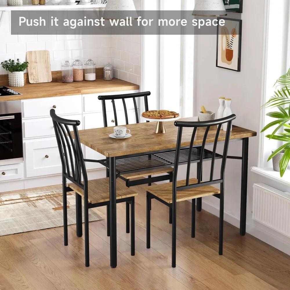 5 Piece Rectangular Dining Table Set for 4 with Chairs and Storage Rack Rustic Brown Metal Wood Kitchen Dinette Room