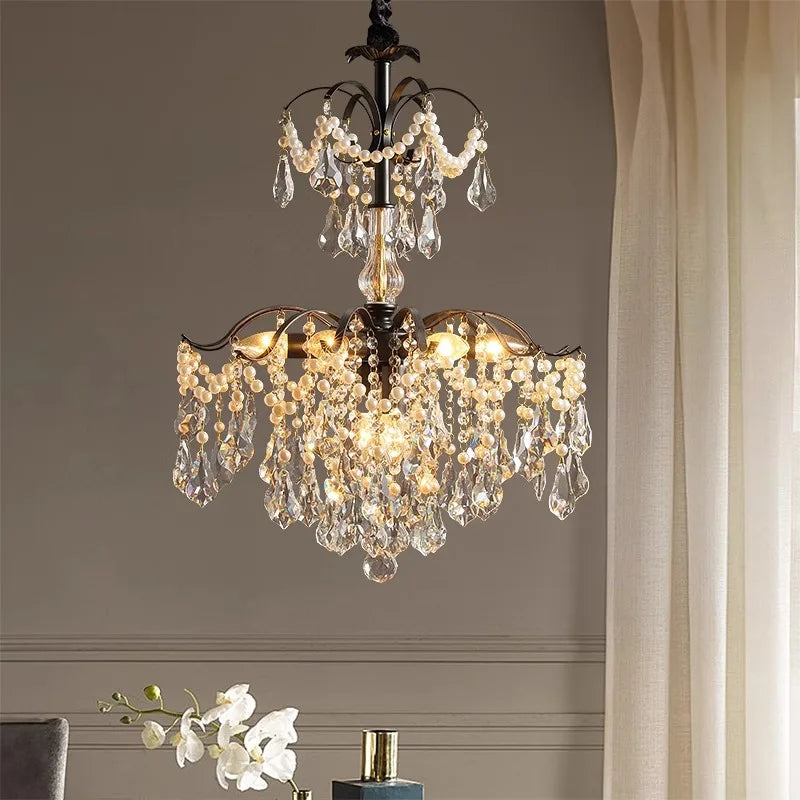 SaloEElaitte American Retro Crystal Pearl Chandeliers E14 Pendant Light
