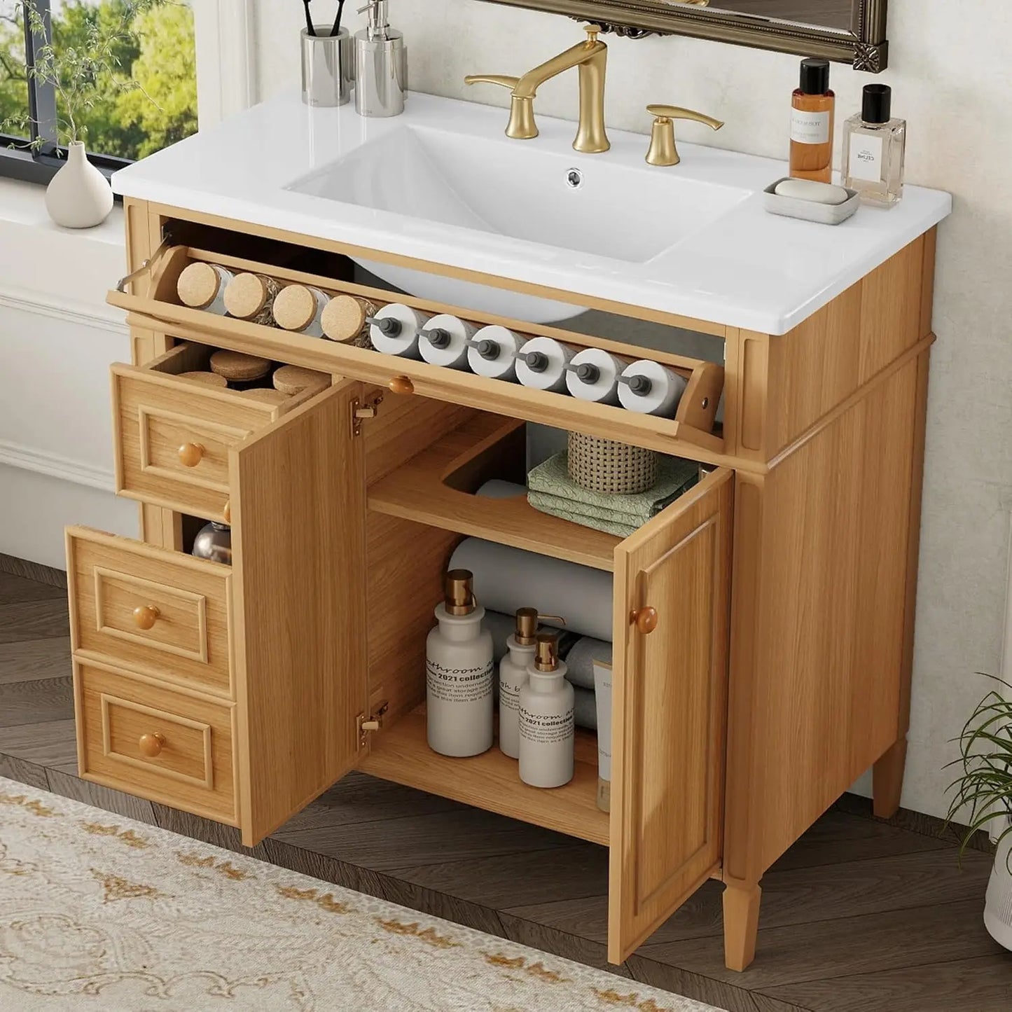Free Standing Bathroom Vanity With Ceramic Sink And Wood Cabinet