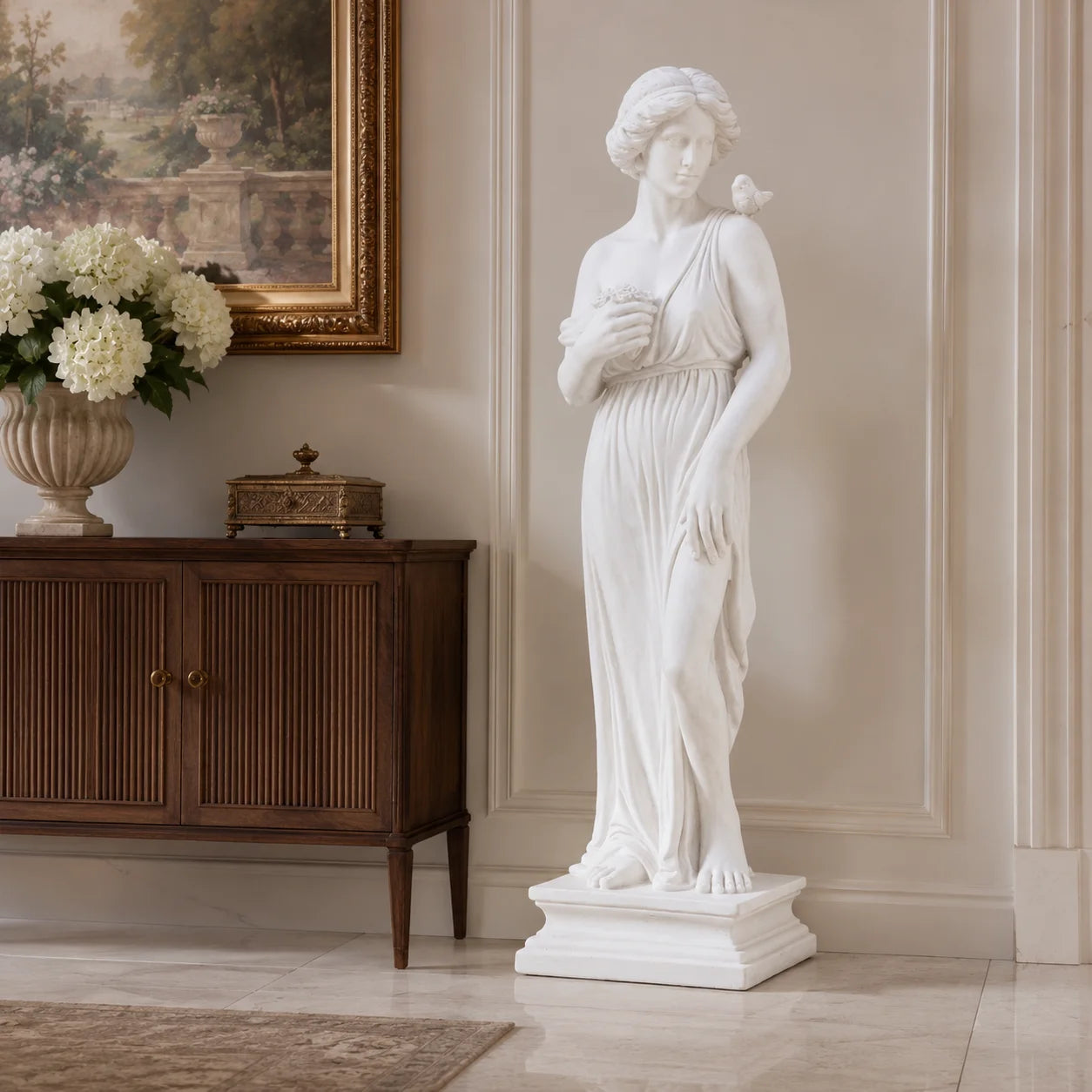31.5 Inch Tall Greek Goddess Garden Statue, All Weather MgO Outdoor Sculpture with Handcrafted Aged Stone Finish, Floral Bouquet Bird Detail Greek Column Base, Paintable Fade Crack Resistant Mythological Yard Art for Lawn Pat