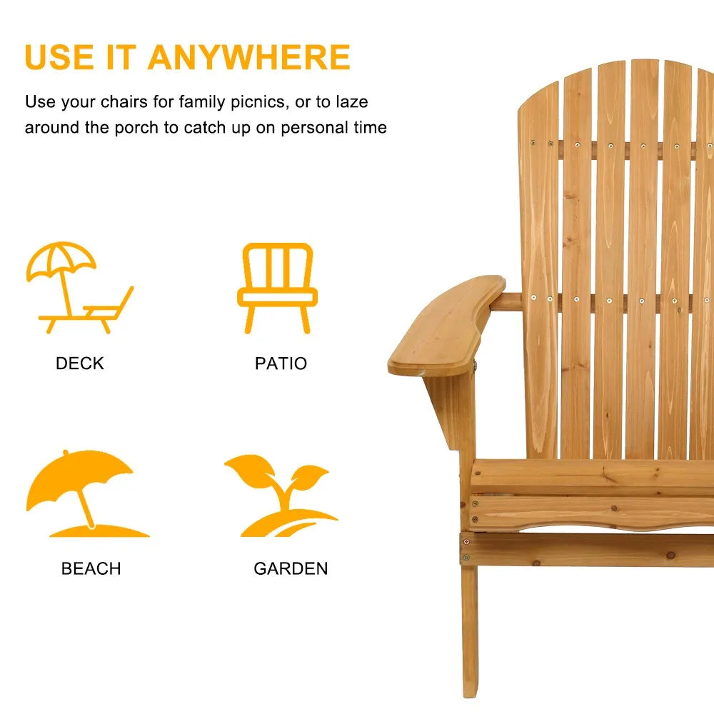 Two Adirondack Wood Foldable Lounge Chairs for Outdoor Patio