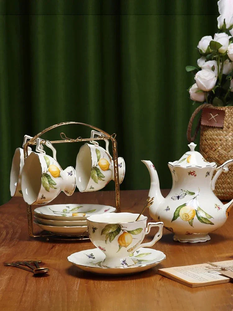 European Ceramics Coffee Cup and Saucer Teapot Elegant Lemon Pattern Creative Afternoon Tea Teaware Set with Dessert Spoon Gift