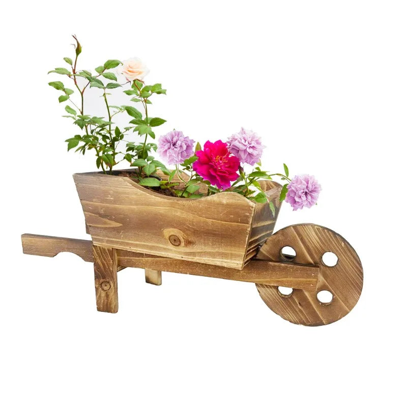 Creative Rectangular Handmade Wooden Wheelbarrow Planter Rustic Style Home Desktop Decor Flower Pot for Indoor Outdoor Plants