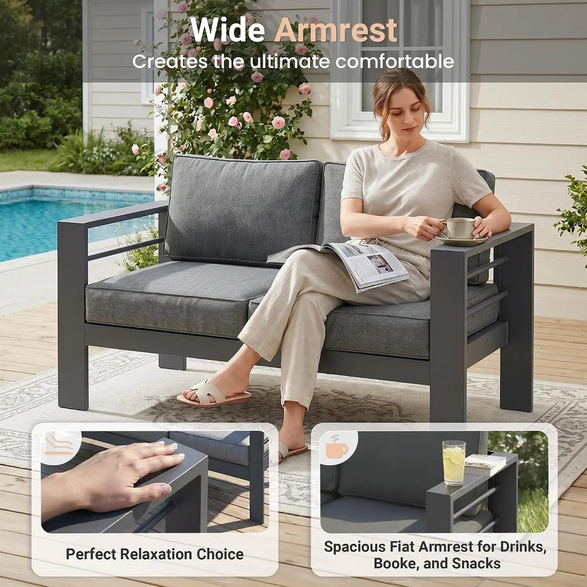 Outdoor Aluminum Patio Loveseat Sofa with Metal Frame and Cushions