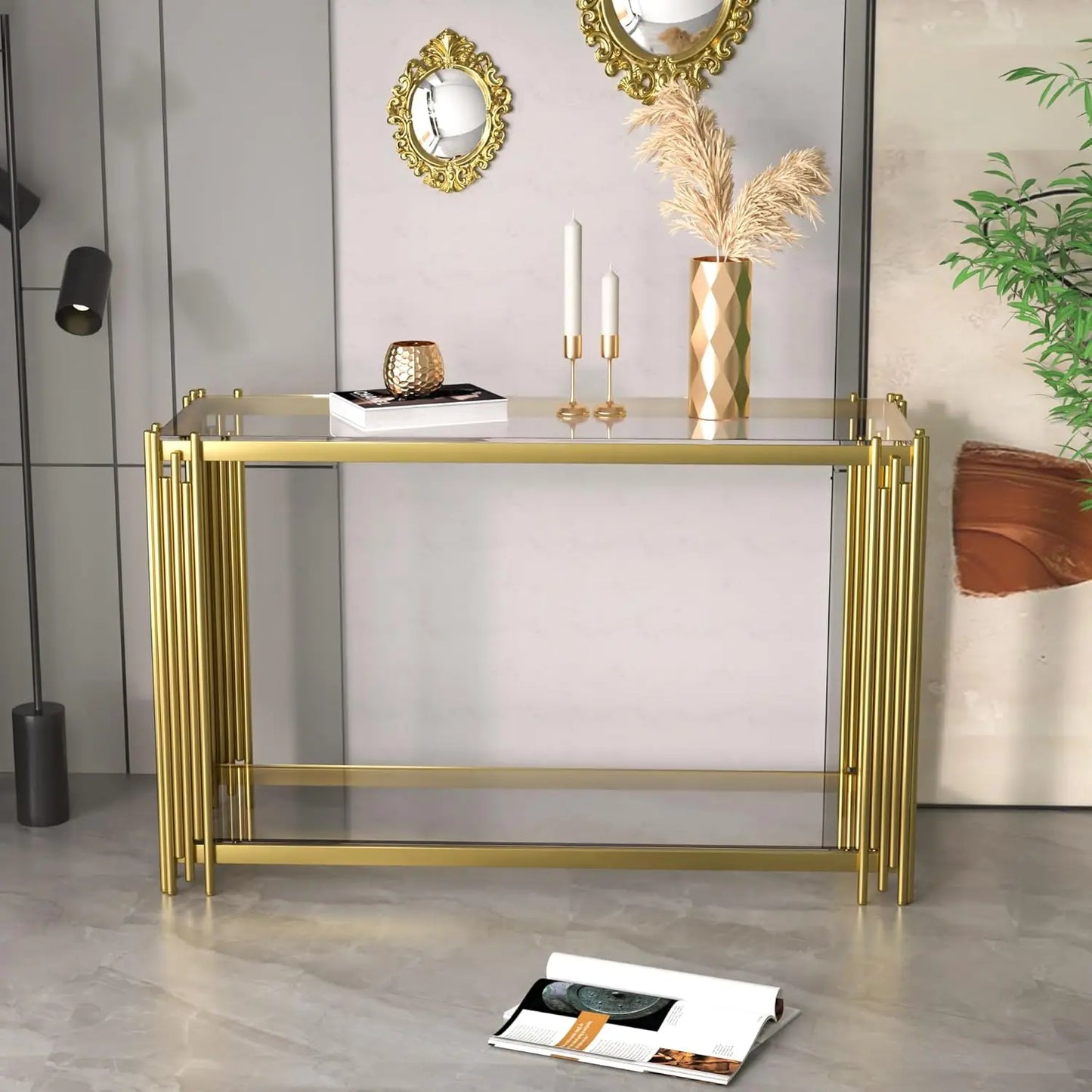 Glass Console Table With Metal Frame And Two Tier Shelf