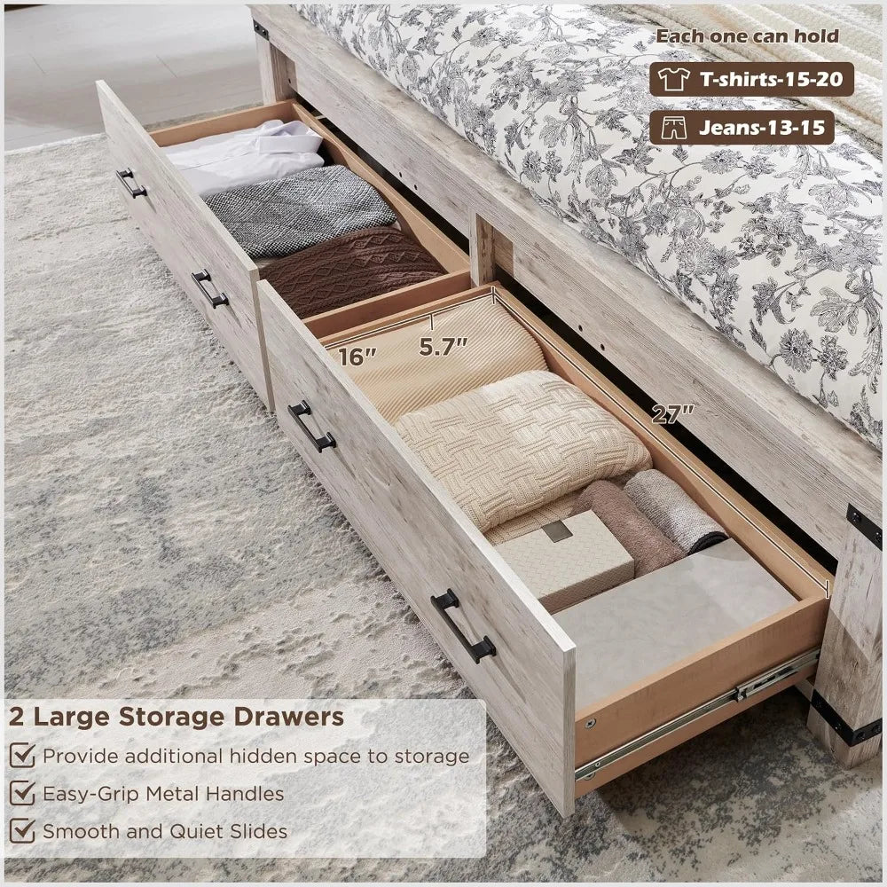 Queen Bed Frame 54" Tall Geometric Headboard, Rustic Wood Platform w/ 2 Drawers, Wood Slats, No Box Spring Needed, Antique White