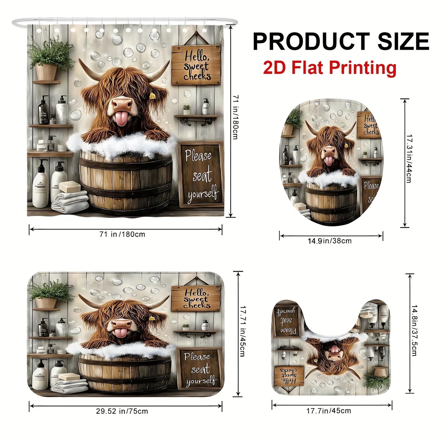 Funny Highland Cow Shower Curtain Set Farmhouse Bathroom Decor