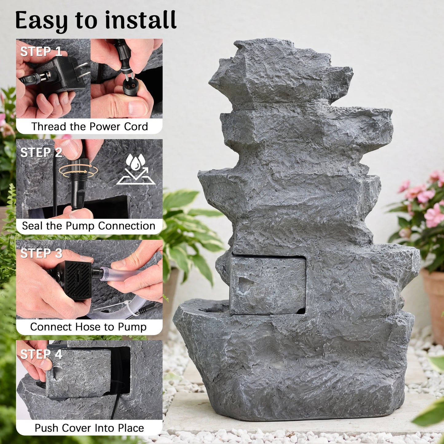5-Tier Cascading Rock Water Fountain with LED Lights, 15''L x 11.8''W x 22''H, Outdoor Garden Waterfall Feature for Patio, Backyard & Lawn Decor