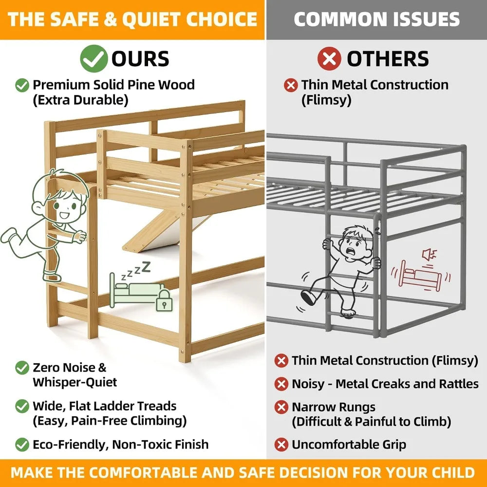 Low Bunk Bed with Slide, Twin Loft Bed with Ladder, Wood Frame for Kids