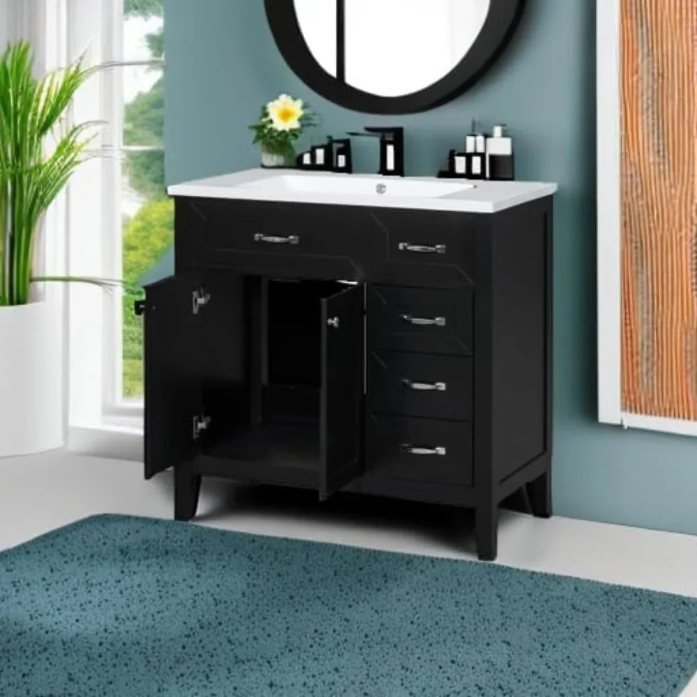 36 Inch Freestanding Bathroom Vanity with Ceramic Sink, Solid Wood Storage Cabinet, 3 Drawers & Soft-Close Doors in Black