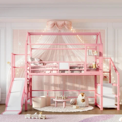 Twin House Loft bed with Slide and Stairs, Metal Playhouse Bed with Storage Shelves, House-shaped Roof and Noise-free Design