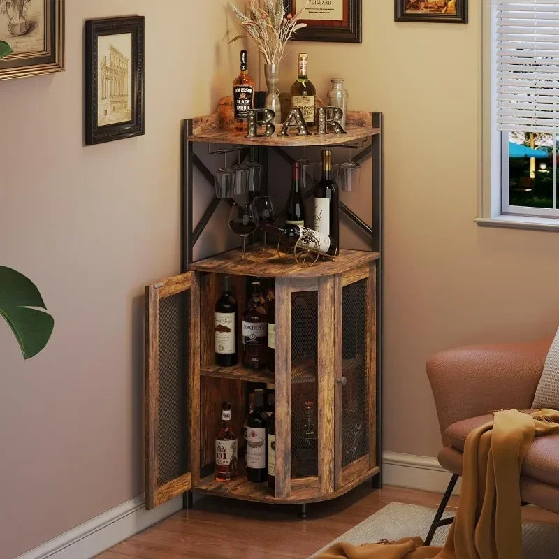 Metal Corner Wine Cabinet With Hanging Goblet Rack
