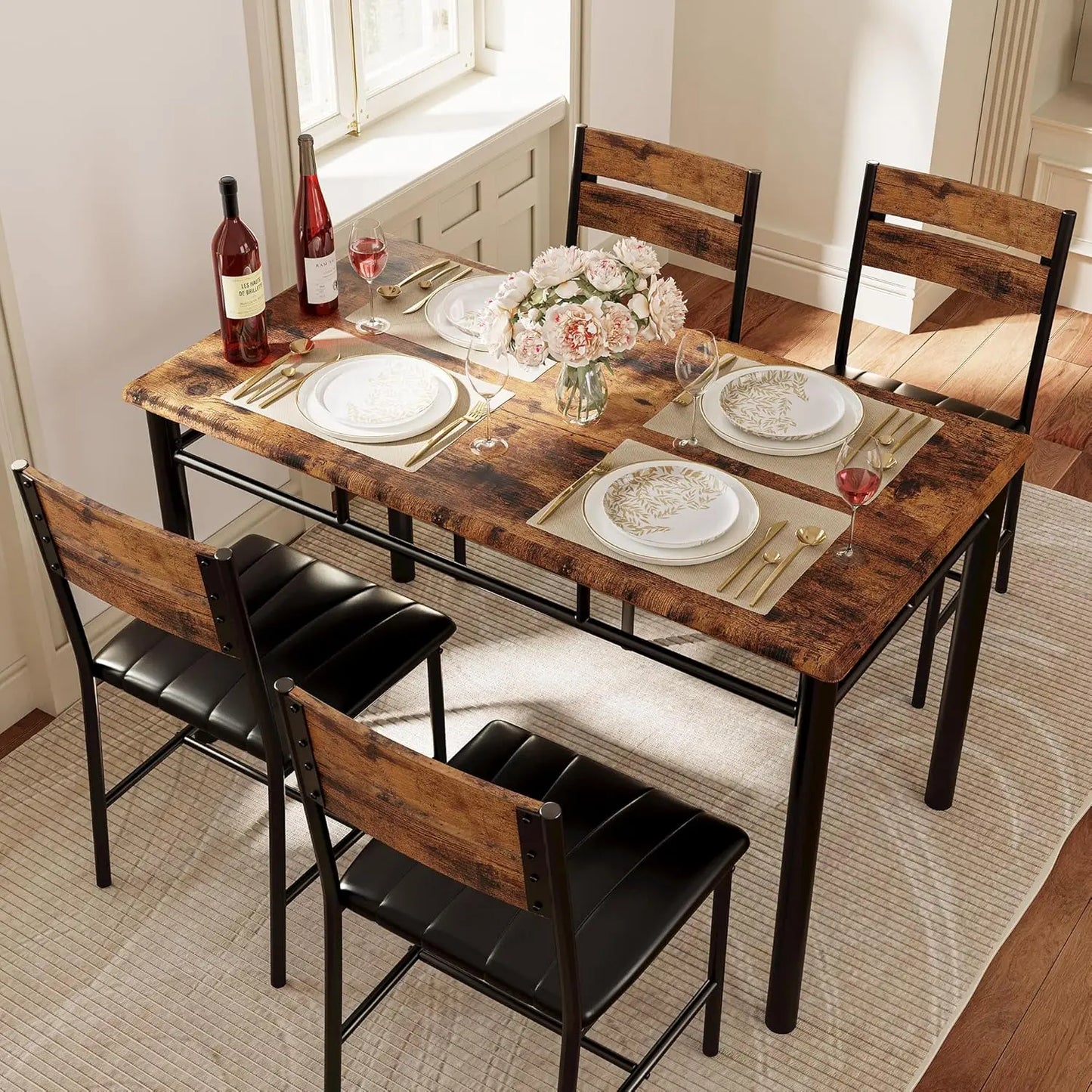 Dining Table Set For Four In Wood With Upholstered Chairs
