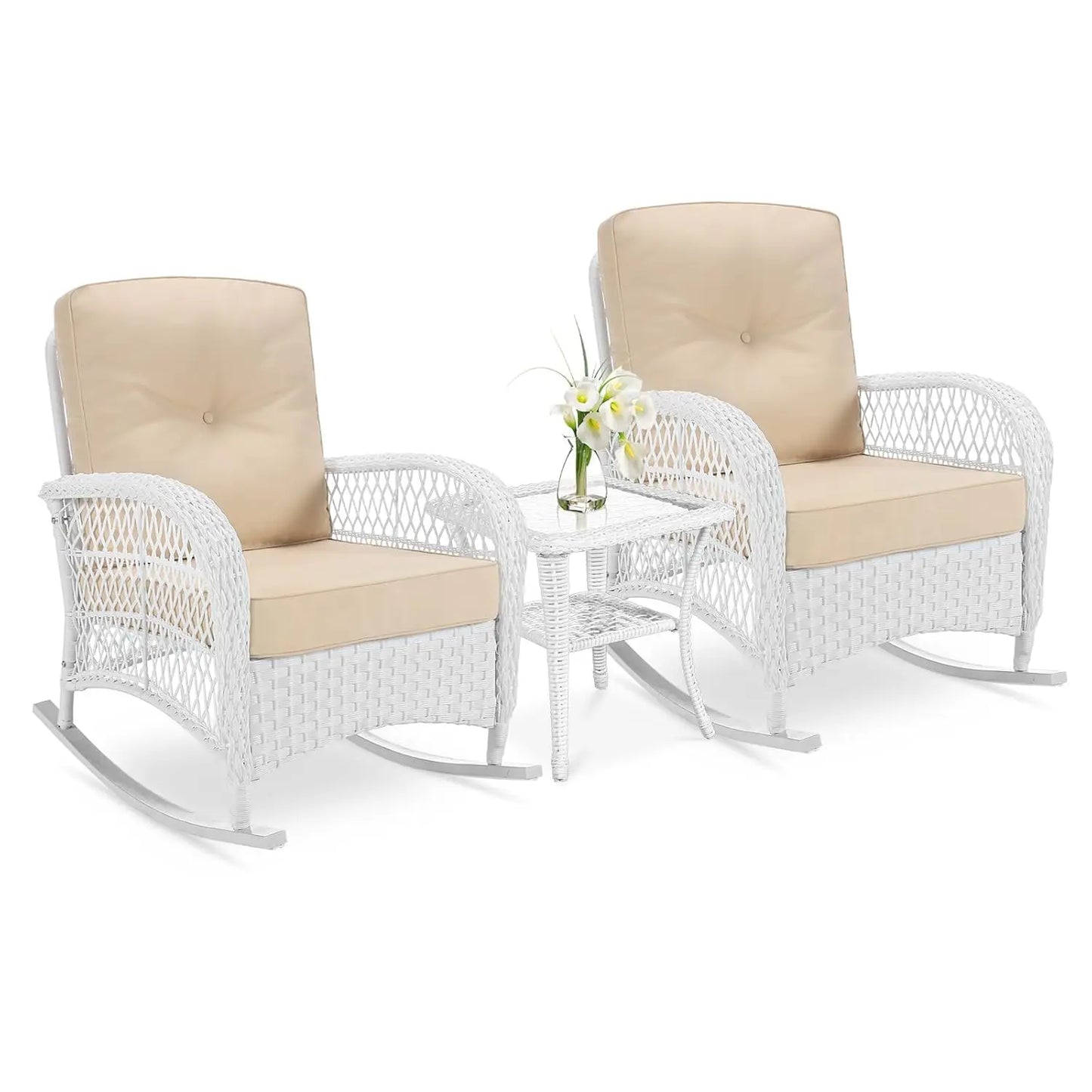 Outdoor Wicker Rocking Bistro Set Cushioned Chairs Glass Top Table