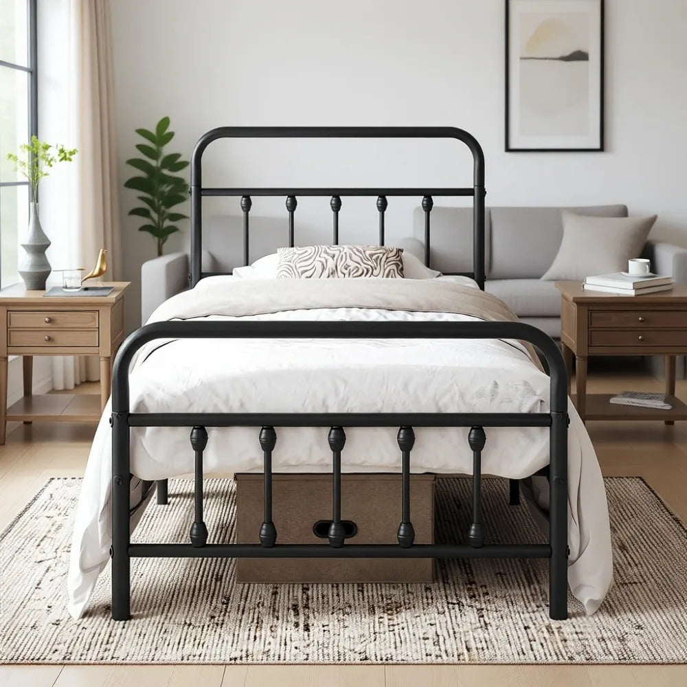 Twin Metal Bed Frame with Iron-Art Headboard, 450 lb Capacity, Storage Space, No Box Spring Needed