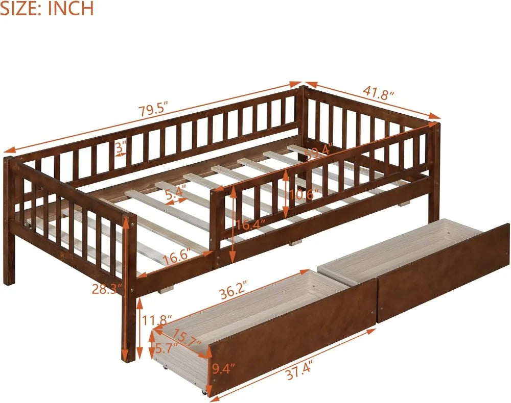 Solid Wood Daybed Frame With Storage Drawers And Rails