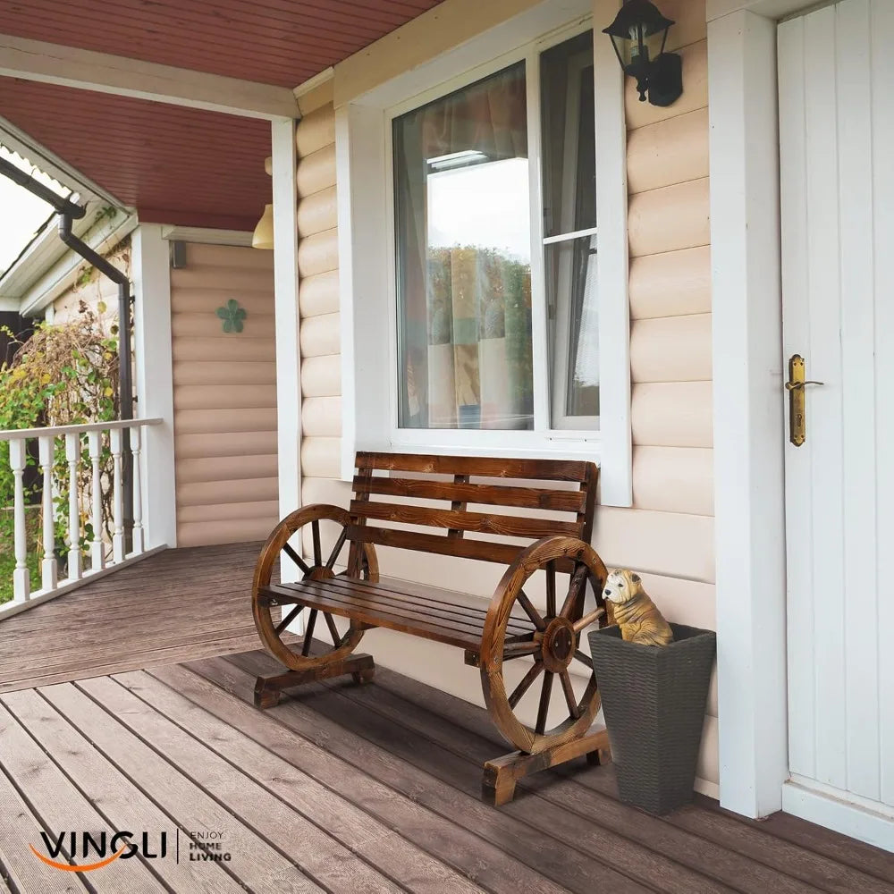 VINGLI 41in Rustic Wooden Wheel Bench,Outdoor Patio Wagon Slatted Seat,350lbs High Capacity Weather Resistant for Garden