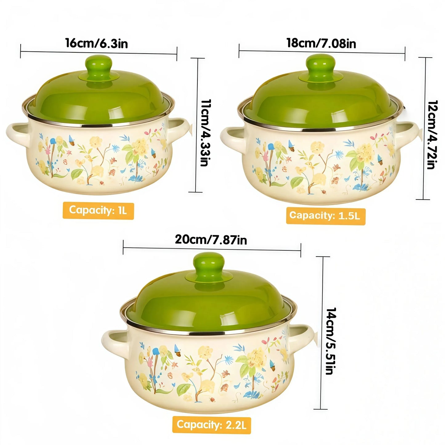 Three Piece Vintage Enamel Stock Pot Set With Lids