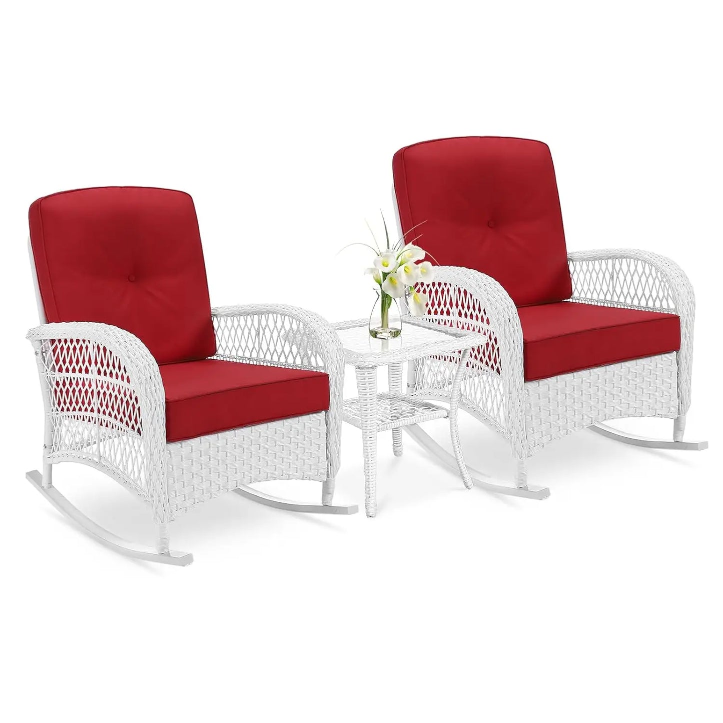 Outdoor Wicker Rocking Bistro Set Cushioned Chairs Glass Top Table