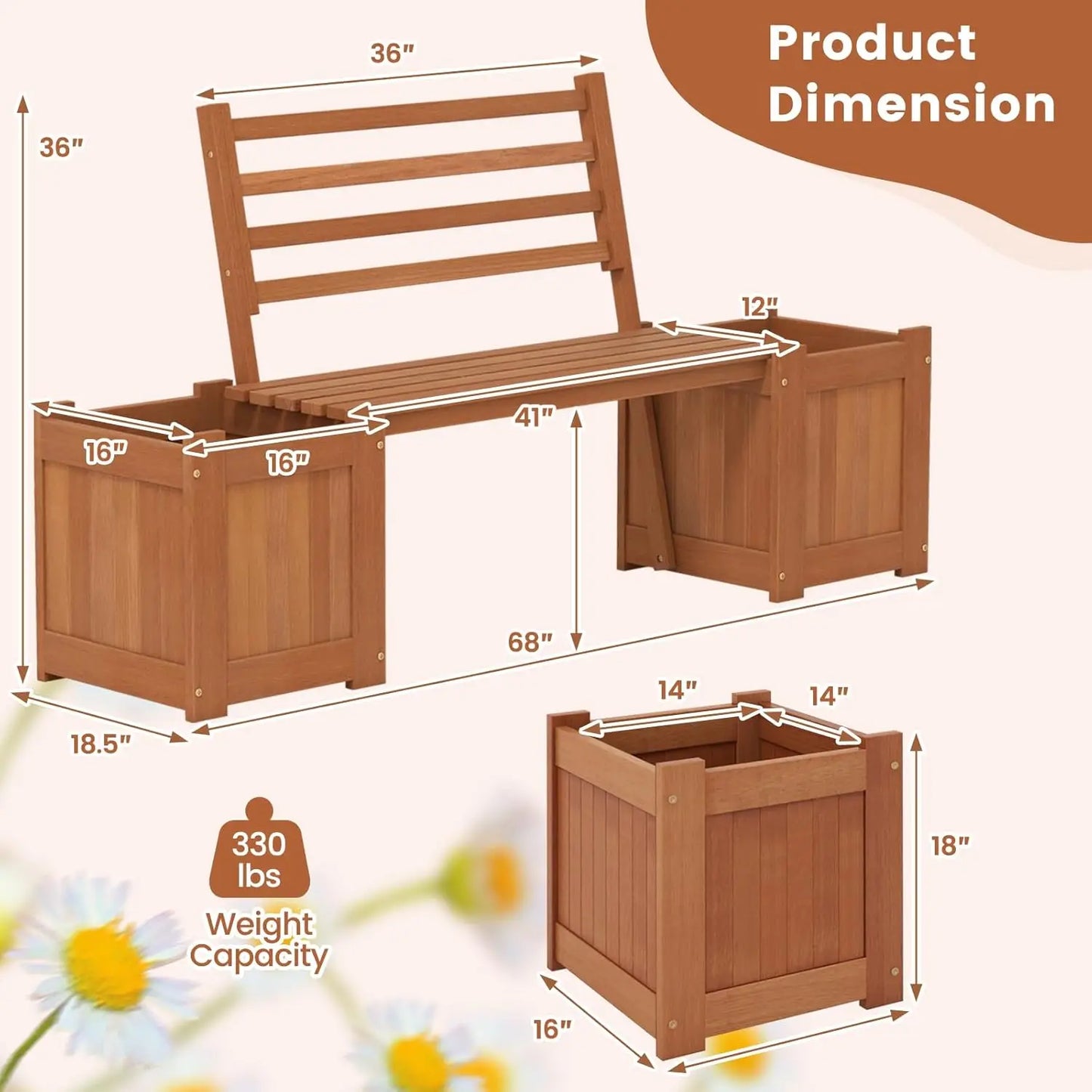 2-in-1 Wood Outdoor Bench With Raised Garden Beds Patio