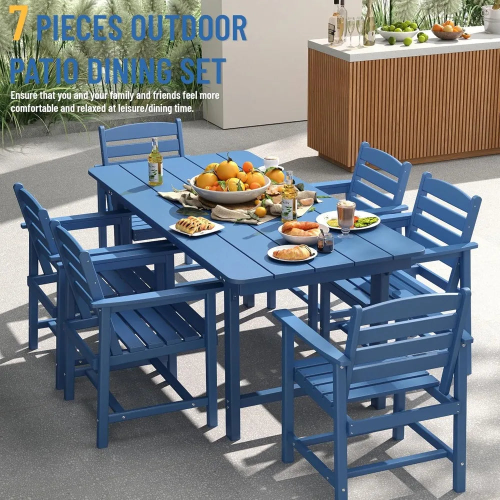 7-Piece Outdoor Patio Dining Set HDPE All-Weather Table and 6 Chairs with Umbrella Hole for Garden Backyard Poolside