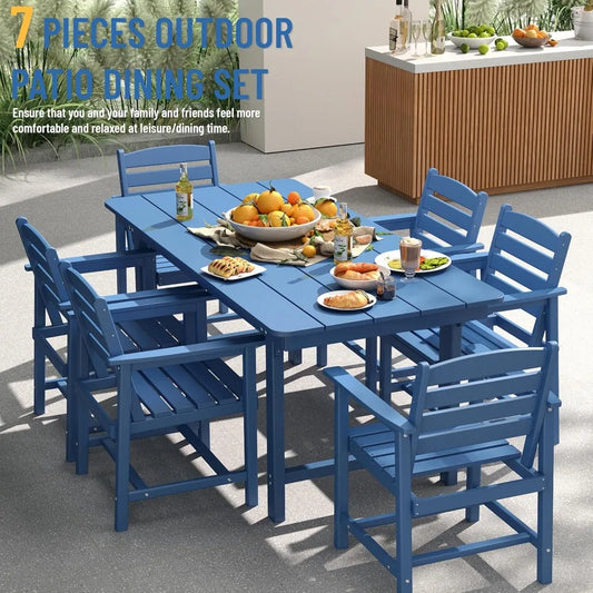 7-Piece Outdoor Patio Dining Set HDPE All-Weather Table and 6 Chairs with Umbrella Hole for Garden Backyard Poolside