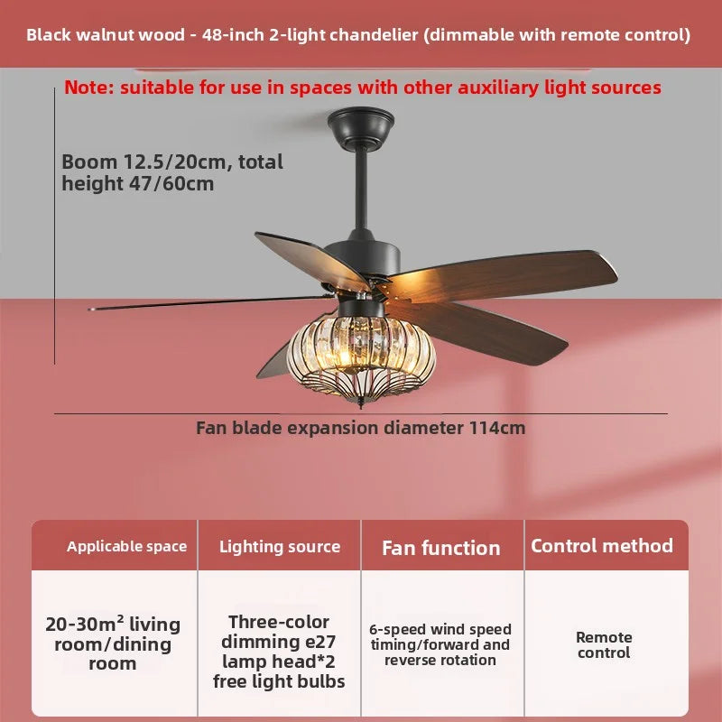2026 Modern Simple Terrace Villa Fan Lamp Courtyard Ceiling Fan Lamp Retro American Style Crystal Electric Fan Integrated Lamp