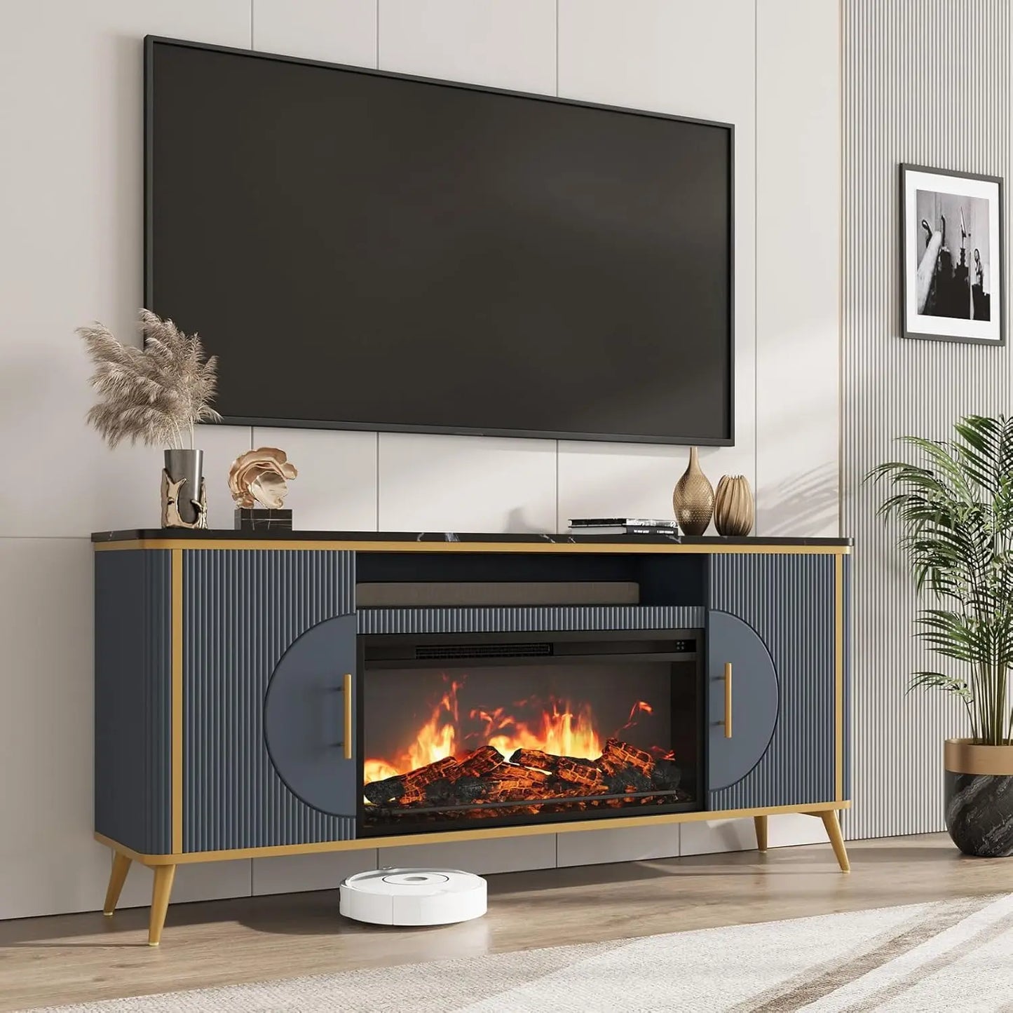 Modern Fluted TV Stand With Electric Fireplace Entertainment Center