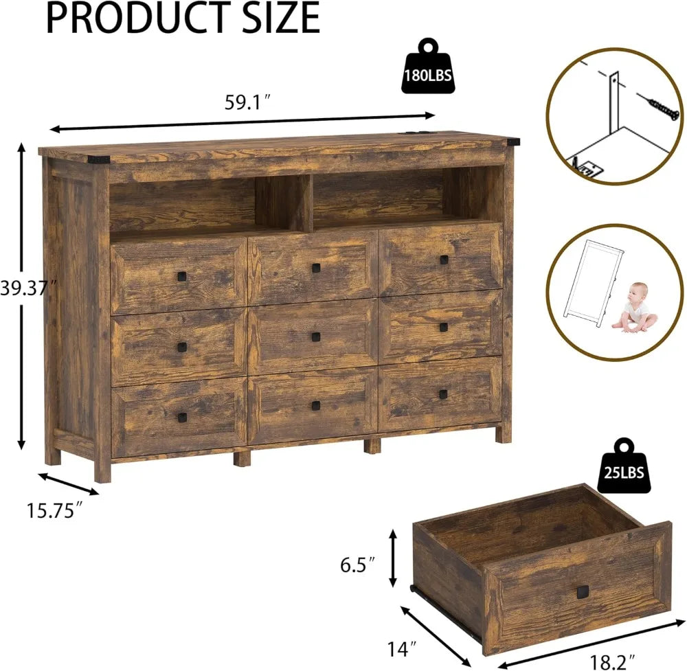 9 Drawer Dresser With LED Lighting And Power Outlet
