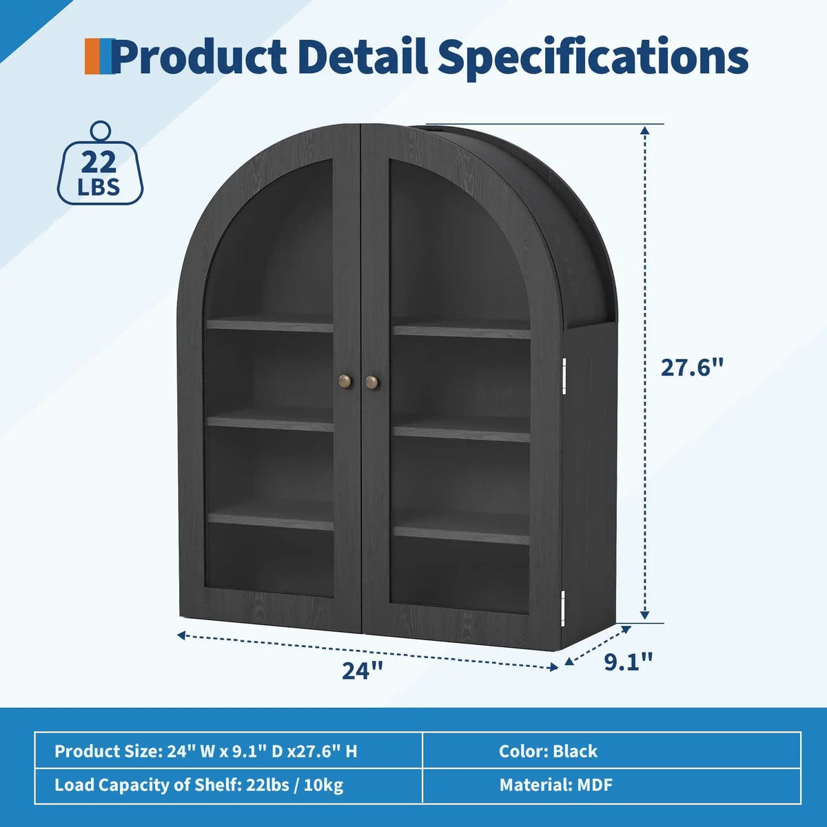 Arched Bathroom Wall Cabinet, Wall Mounted Display Cabinet with Glass Doors & Adjustable Shelves, Medicine Cabinet for Living Room Kitchen