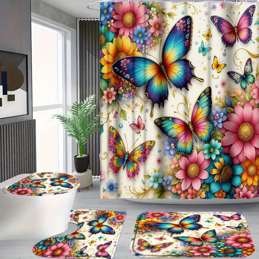Butterfly Floral Shower Curtain Set With Hooks Waterproof