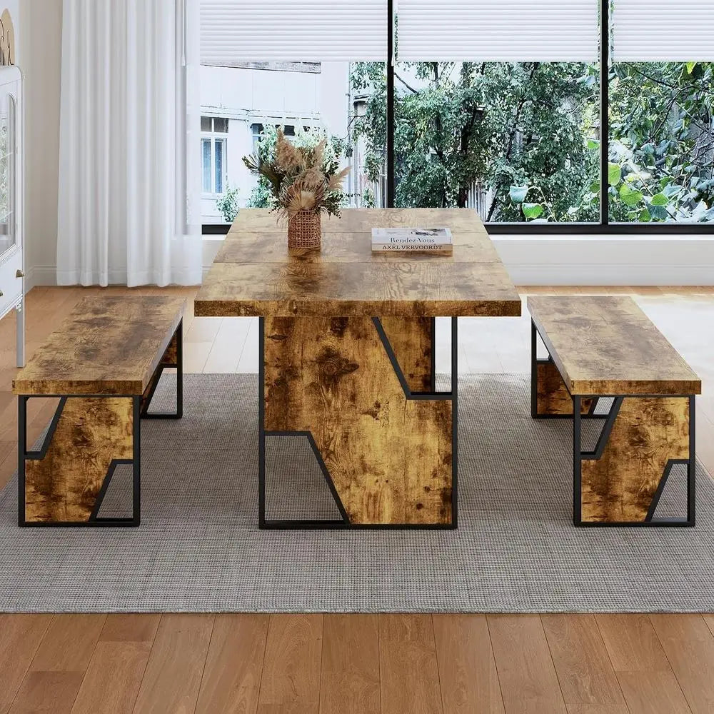 70.8" Wooden Dining Table with 2 Benches, ern Kitchen Table and Chairs Set or 4-6 Person, Thickened MD Wooden Table with Dining