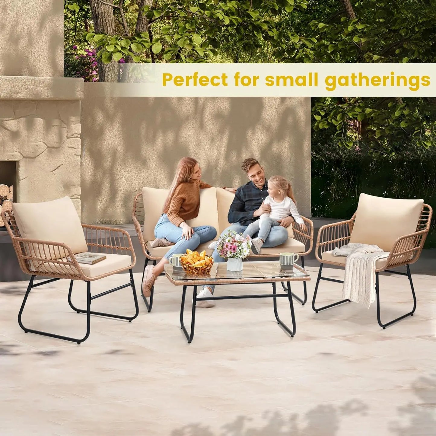 4 Piece Patio Bistro Outdoor Furniture Set, Wicker Sofa, 2 Rattan Chairs, and Table, Backyard Conversation Set, All, Customized