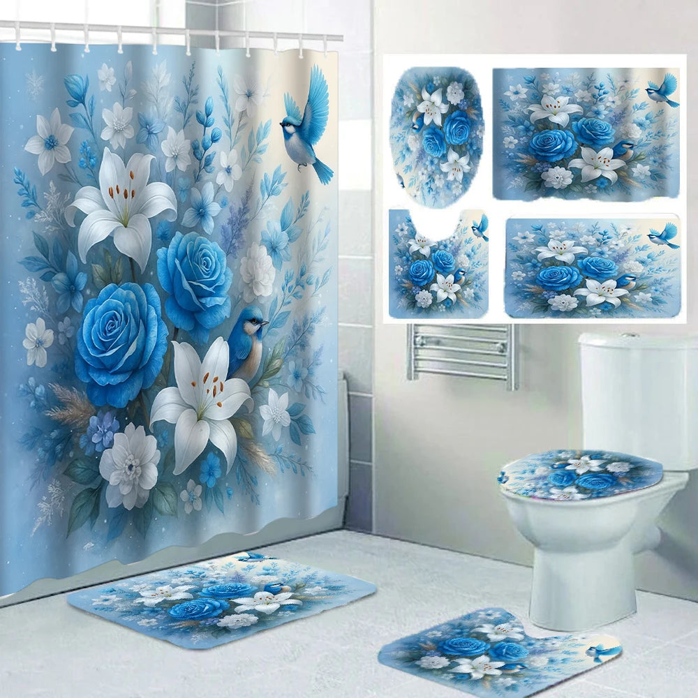Flower Bird Shower Curtain Set With Carpet And Toilet Seat